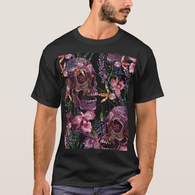 T-shirt Crâne brodé : Motif gothique de l'orchidée (Devant)