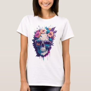 T-shirt Crâne coloré avec lunettes de soleil et Fleurs ten