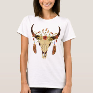 T-shirt Crâne de boeuf avec des fleurs et des plumes