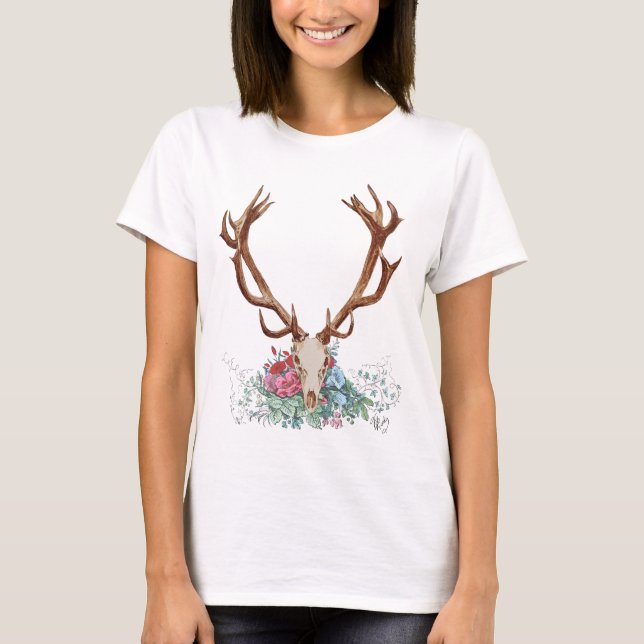 T-shirt Crâne de cerf avec fleurs 2 (Devant)