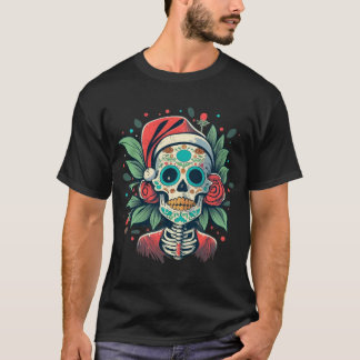 T-shirt Crâne de Santa floral avec roses Art du Jour des M