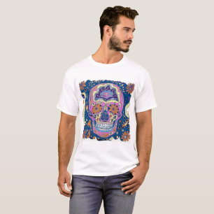 T-shirt Crâne de sucre de style de tatouage bleu rose et o