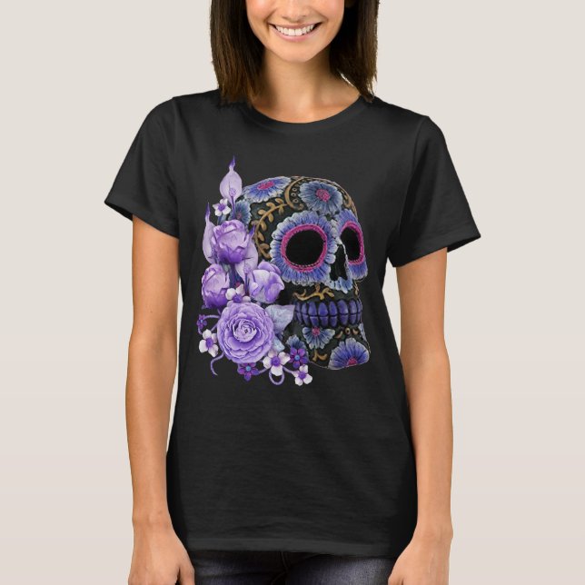 T-shirt Crâne de sucre noir violet Floral Jour des morts (Devant)