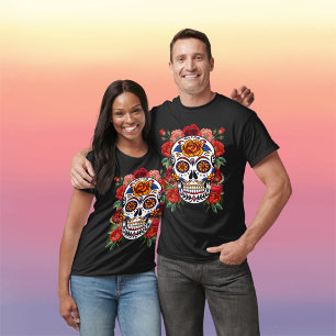 T-shirt Crâne de sucre rose Roses rouges Vacances Unisex