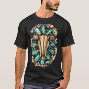 T-shirt Crâne de taureau turquoise cowgirl bohème occident