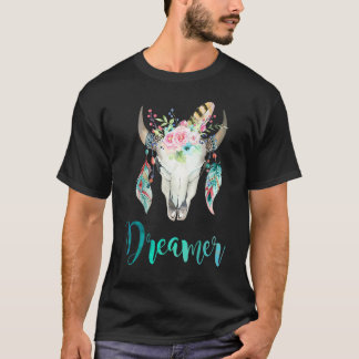T-shirt Crâne de vache boho floral et plume