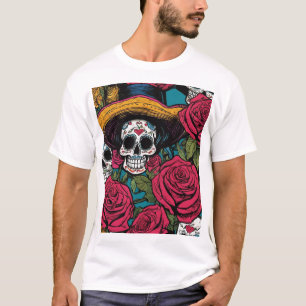 T-shirt Crâne décoratif avec Sombrero et Rose