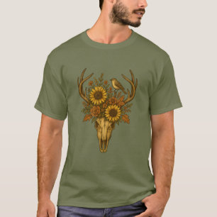 T-shirt Crâne d'Elk floral avec tournesols et oiseaux