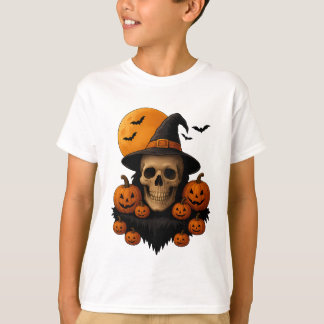 T-shirt Crâne d'Halloween avec citrouilles et chapeau de s