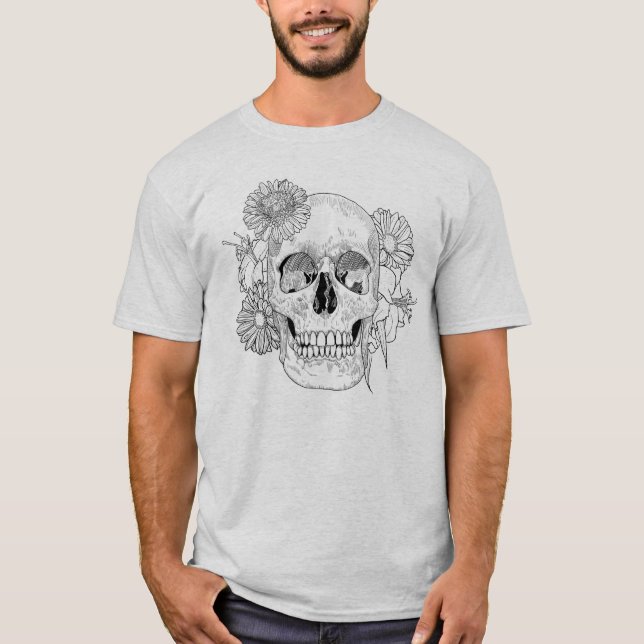 T-shirt Crâne et fleurs inspirés (Devant)