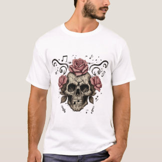 T-shirt crâne et os croisés, entourés de roses