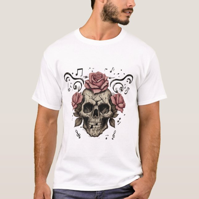 T-shirt crâne et os croisés, entourés de roses (Devant)