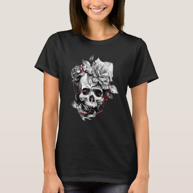 T-shirt Crâne et Rose crâne sucre Roses rouges Halloween 1 (Devant)