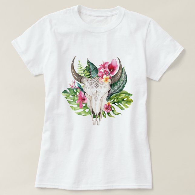 T-shirt Crâne floral boho sarcelle paradis tropical insula (Design devant)