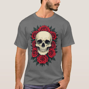 T-shirt Crâne gothique entouré de roses rouges