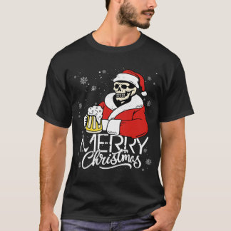 T-shirt Crâne Joyeux Noël Crâne Casquette Père Noël Boire