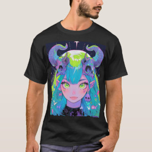 T-shirt Crâne mignon et cornes Punk Rock Anime Girl