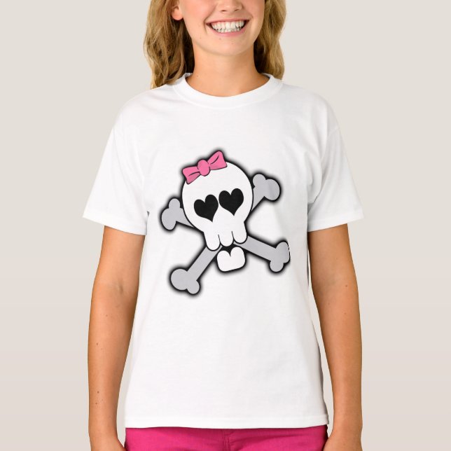 T-shirt Crâne rose et os croisés avec Coeurs et Bow (Devant)