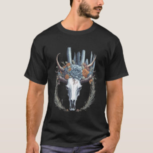 T-shirt Crânes de vache boho occidentaux avec cornes et fl