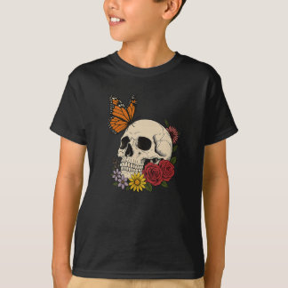 T-shirt Crânes Papillon Monarque Fleurs Halloween Hommes F