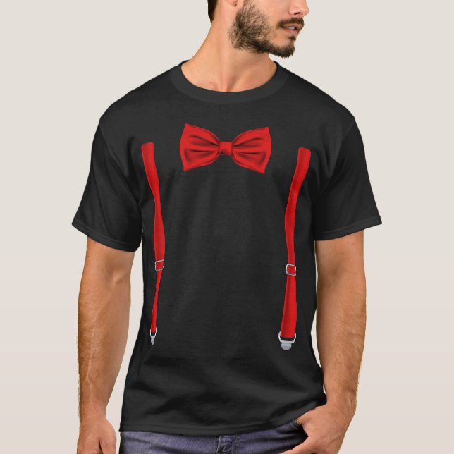 T-shirt Cravate Rouge Bow Avec Suspendants Drôle Mariage (Devant)