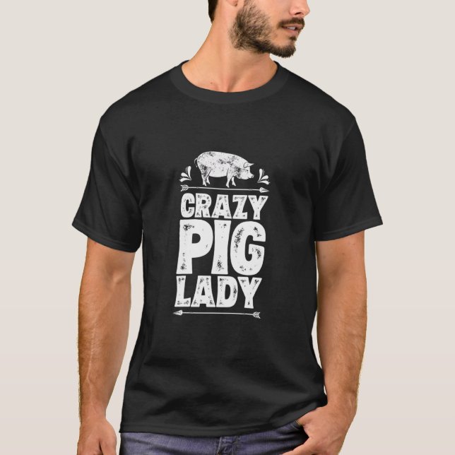 T-shirt Crazy Cochon Lady Fermière Animaux Femmes Filles (Devant)