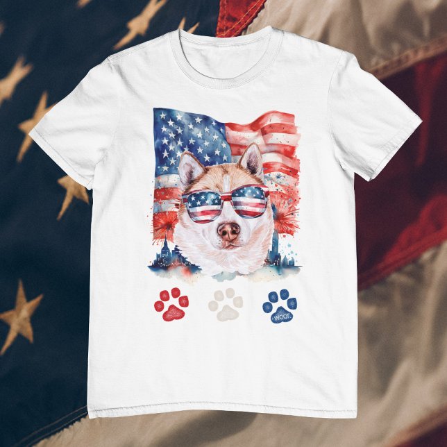 T-shirt Crème Bleue Rouge Sibérien Husky 4 juillet (Créateur téléchargé)