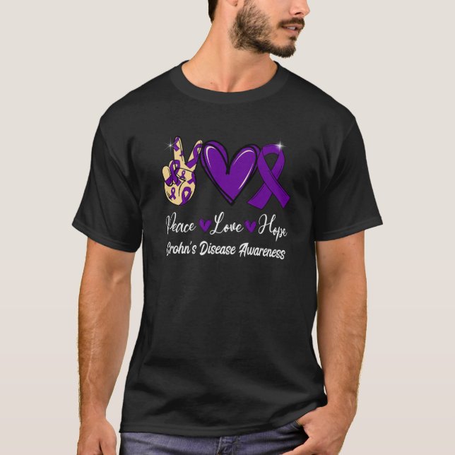 T-shirt Crohn'S Disease Awareness Peace Love Hope Purple R (Devant)
