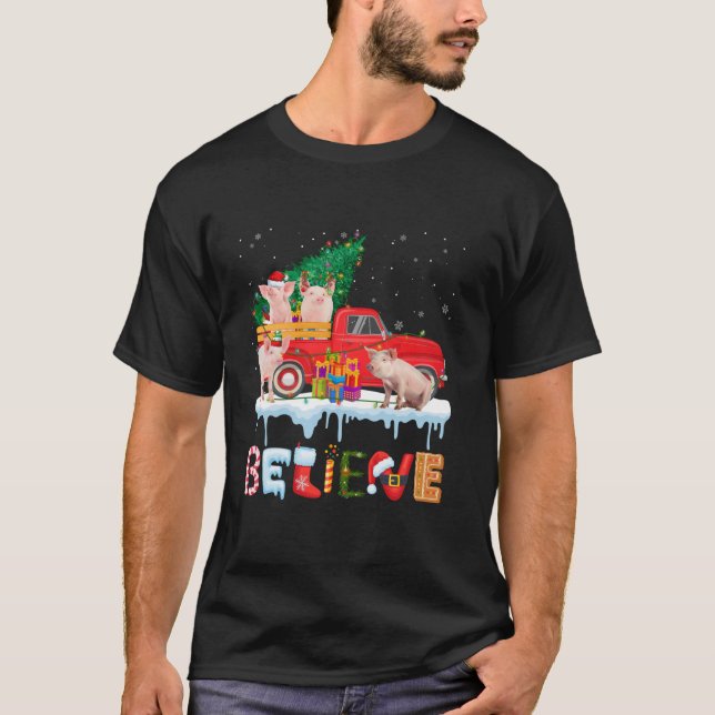 T-shirt Croire Pig équitation Camion Rouge Arbre de Noël C (Devant)