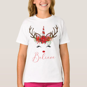 T-shirt Croire Rouge & Blanc Poinsettia Reindeer Unicorn