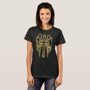 T-shirt Croix catholique d'or avec des ailes