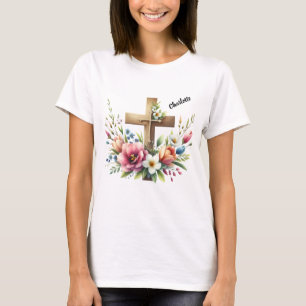 T-shirt Croix chrétienne avec arrangement floral dynamique