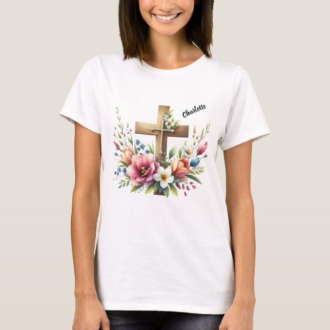 T-shirt Croix chrétienne avec arrangement floral dynamique (Devant)