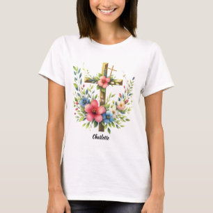 T-shirt Croix chrétienne encadrée par Halo floral artistiq
