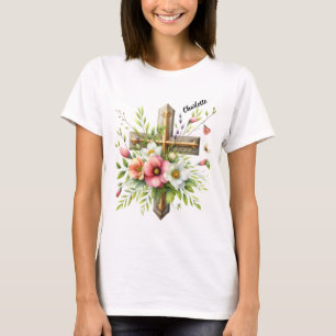 T-shirt Croix chrétienne mise en valeur par un halo floral