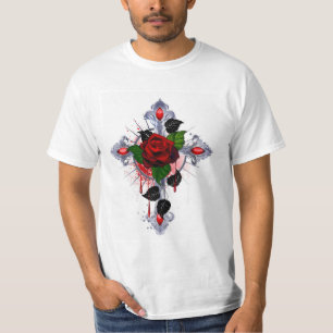 T-shirt Croix d'argent avec une rose rouge