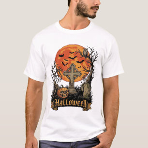T-shirt Croix de Halloween Pierre Tombale Crâne Citrouille