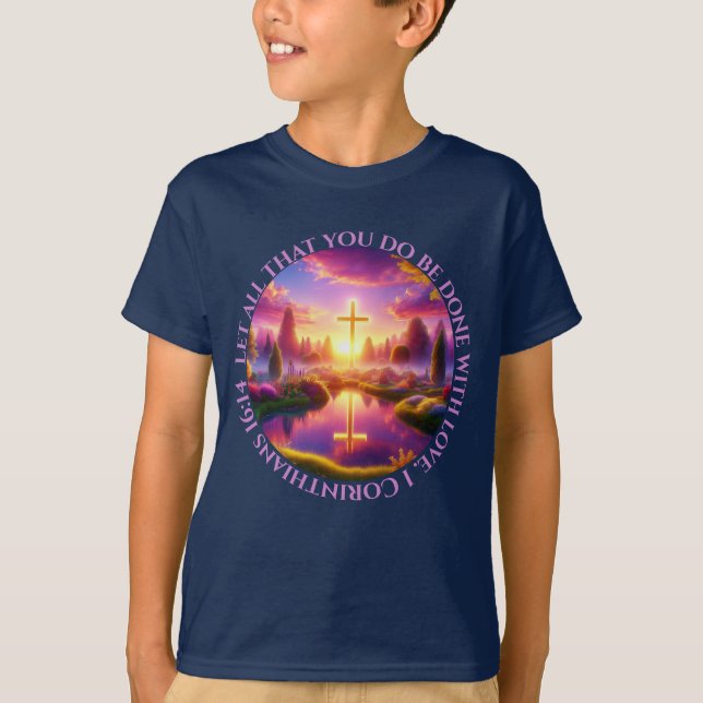 T-shirt Croix d'or dans un jardin paradisiaque tropical (Devant)