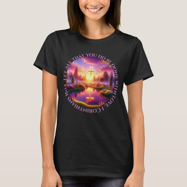 T-shirt Croix d'or dans un jardin paradisiaque tropical (Devant)