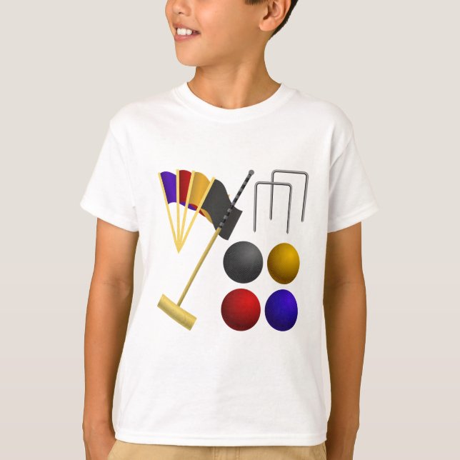 T-shirt Croquet Equipment Set Mallet Balls Hoops (Devant)