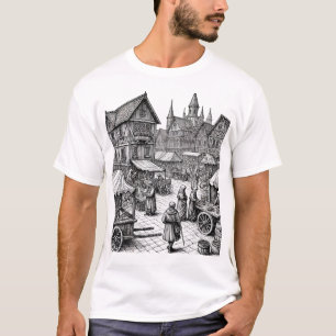 T-shirt Croquis À Main Du Marché Médiéval
