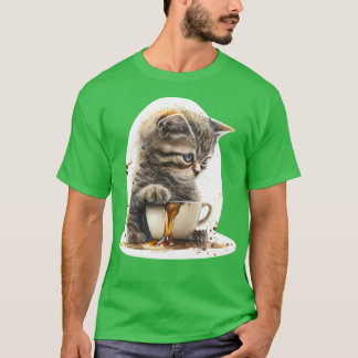 T-shirt Croquis de chat mignon avec café pour tous les cha