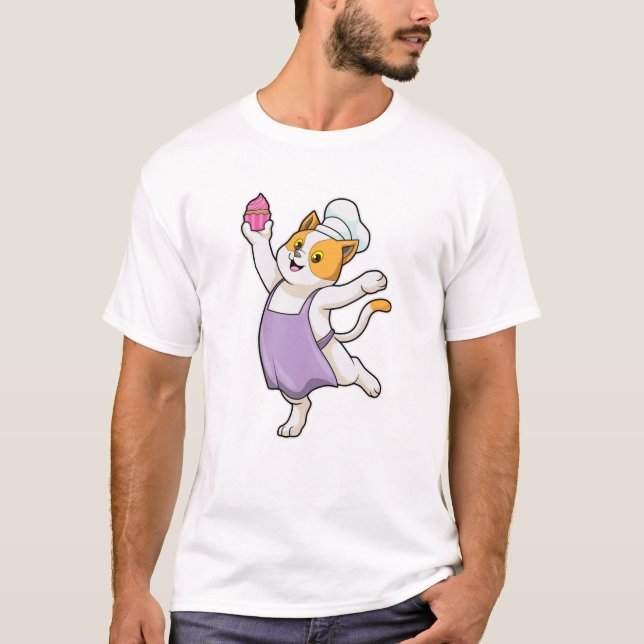 T-shirt Cuire au chat avec tablier de Cuisine et muffin (Devant)