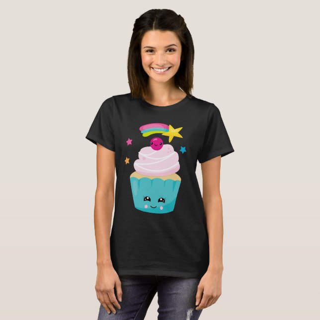 T-shirt Cupcake bleu mignon avec visage Kawaii (Devant entier)