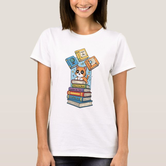 T-shirt Curious Bookworm Kitten Illustration (Devant)