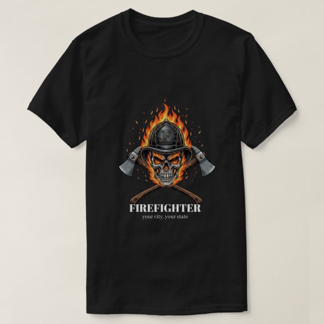 T-shirt Custom Firefighter Flame Skull Inferno Crossed  (Design devant)