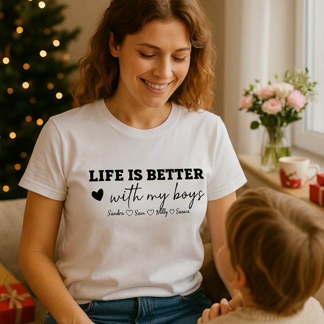 T-shirt Custom Mom Shirt with Kids Names | Heart (Custom Life is Better With My Boys Sweatshirt and Hoodie, Mom Shirt)