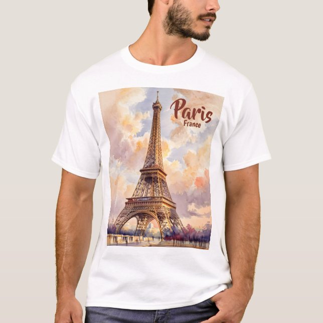 T-shirt Custom Text Watercolor Eiffel Tower Sunset Travel (Devant)