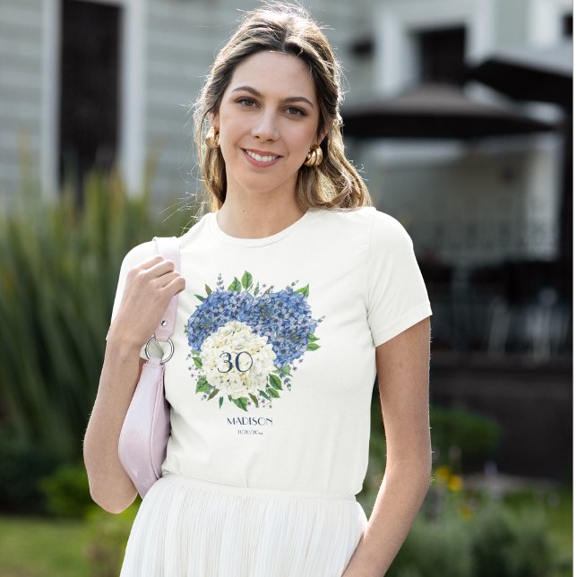 T-shirt Custom White Blue Hydrangeas 30e anniversaire (Créateur téléchargé)