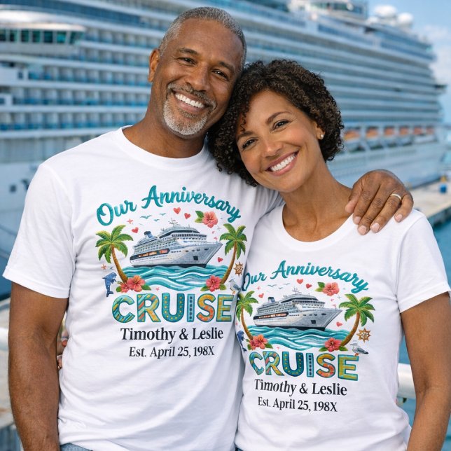 T-shirt Customized Our Anniversary Cruise Faux Embroidery (Personalized Matching Anniversary Cruise Shirts. Checkout Collection for matching Cruise decorations)